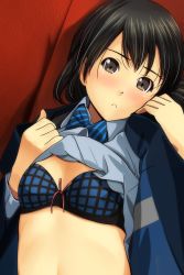 Rule 34 | 1girl, absurdres, black hair, blazer, blue bra, blue jacket, blue neckwear, blue shirt, blush, bow, bow bra, bowtie, bra, breasts, brown eyes, clothes lift, collared shirt, couch, diagonal-striped bow, diagonal-striped bowtie, diagonal-striped clothes, diagonal-striped neckwear, hands up, head tilt, highres, jacket, lifting own clothes, lying, matsunaga kouyou, nose blush, on back, on couch, open clothes, open jacket, original, shirt, shirt lift, small breasts, solo, striped bow, striped bowtie, striped clothes, striped neckwear, underwear, upper body