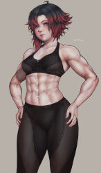 Rule 34 | 1girl, abs, absurdres, black hair, breasts, contrapposto, grey background, grey eyes, hands on own hips, highres, kuon (kwonchanji), medium breasts, medium hair, multicolored hair, muscular, muscular female, navel, pants, pink lips, red hair, ruby rose, rwby, signature, simple background, solo, sports bra, streaked hair, two-tone hair, veins, yoga pants, zipper