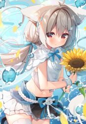 Rule 34 | :o, blue bow, blue hair, bow, braid, brown hair, cape, character request, commentary request, crop top, flower, hair between eyes, hair bow, hair flower, hair ornament, hairclip, hanamiya natsuka, holding, holding flower, long hair, looking at viewer, low twintails, midriff, multicolored hair, navel, original, parted lips, pleated skirt, red eyes, sakurada shiro (hy plus), shirt, skirt, sunflower, twintails, two-tone hair, very long hair, white cape, white flower, white shirt, white skirt, wrist cuffs, yellow flower