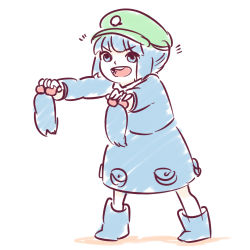 Rule 34 | 1girl, aged down, blue eyes, blue hair, boots, hair bobbles, hair ornament, hat, highres, holding, holding hair, kawashiro nitori, key, open mouth, pocket, rubber boots, simple background, sketch, smile, solo, standing, touhou, two side up, white background, yoruny