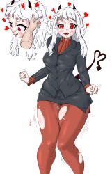 Rule 34 | dripping, formal, helltaker, highres, horns, modeus (helltaker), pantyhose, pussy juice, red eyes, skirt, smile, breath, suit, sweater, tail, white background, white hair