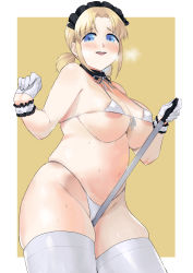 Rule 34 | 1girl, absurdres, areola slip, between legs, bikini, blonde girl (okpriko), blue eyes, blush, breasts, commentary, cowboy shot, detached collar, english commentary, gloves, halterneck, halterneck, hands up, heavy breathing, highres, large breasts, looking at viewer, maid, maid headdress, micro bikini, neck ribbon, okpriko, open mouth, original, parted lips, plump, ponytail, ribbon, scrunchie, short hair, simple background, skindentation, smile, solo, standing, sweat, swimsuit, thighhighs, white background, white gloves, white ribbon, white scrunchie, white thighhighs, wrist scrunchie, yellow background