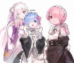 Rule 34 | 3girls, :d, ;), artist name, black dress, black ribbon, blue eyes, blue hair, commentary, copyright name, detached sleeves, dotori (seulseul), dress, emilia (re:zero), frills, grey hair, hair ornament, hair over one eye, hair ribbon, highres, holding, holding tray, long hair, looking at viewer, maid, multiple girls, neck ribbon, one eye closed, open mouth, pale skin, pink hair, pink ribbon, ram (re:zero), re:zero kara hajimeru isekai seikatsu, rem (re:zero), ribbon, roswaal mansion maid uniform, short hair, siblings, simple background, sisters, smile, tray, twins, white background, white dress, white hair, wide sleeves, x hair ornament