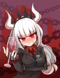 Rule 34 | 1girl, alcohol, arm under breasts, black necktie, blunt bangs, blush, breast lift, collared shirt, cup, demon girl, demon horns, drinking glass, full-face blush, grin, helltaker, holding, holding cup, horns, long hair, looking at viewer, lucifer (helltaker), mole, mole under eye, necktie, parted lips, red eyes, red shirt, shirt, smile, solarisu, solo, teeth, tiara, white hair, wine