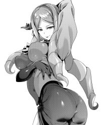 Rule 34 | 1girl, arm up, ass, black lips, breasts, closed mouth, doll joints, drill hair, from behind, greyscale, highres, joints, kurihara kenshirou, lipstick, long hair, long skirt, looking at viewer, looking back, makeup, medium breasts, monochrome, pantylines, phara suyuf, senki zesshou symphogear, simple background, skirt, smile, solo, standing, white background