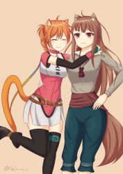 2girls animal_ears arm_around_waist belt black_thighhighs braid brown_hair cat_ears cat_girl closed_eyes commission crossover elbow_gloves fire_emblem fire_emblem:_radiant_dawn gloves hand_guard hand_on_own_hip highres holo laguz_(fire_emblem) lyre_(fire_emblem) multiple_girls nintendo o-ring o-ring_belt orange_hair orange_tail pouch red_eyes shorts sicamal side_slit side_slit_shorts simple_background spice_and_wolf standing standing_on_one_leg tail thigh_belt thigh_strap thighhighs wolf_ears wolf_girl wolf_tail