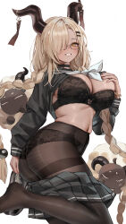 Rule 34 | 1girl, absurdres, alternate costume, ass, asymmetrical bangs, azur lane, bespectacled, black bra, black choker, black panties, black pantyhose, black serafuku, blush, bra, braid, breasts, brown hair, choker, clothes lift, clothes pull, commentary, dark-skinned female, dark skin, glasses, gompang 11, grin, hair over one eye, hand on own chest, highres, horns, korean commentary, lace, lace bra, lace panties, large breasts, long hair, long sleeves, looking at viewer, mole, mole under mouth, navel, neckerchief, one eye covered, owari (azur lane), panties, panties under pantyhose, pantyhose, pleated skirt, school uniform, serafuku, sheep, sheep horns, shirt lift, simple background, skindentation, skirt, skirt pull, smile, solo, stomach, twin braids, underwear, very long hair, white background, white neckerchief
