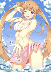 Rule 34 | 10s, 1girl, ;d, alternate costume, bikini, breasts, brown hair, elf, highres, long hair, myucel foalan, one eye closed, open mouth, outbreak company, pointy ears, ponishi., purple eyes, smile, soaking feet, solo, swimsuit, twintails, very long hair, wading, water