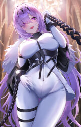 Rule 34 | 1girl, absurdres, azur lane, bare shoulders, bodysuit, breasts, chain, chain pull, chained, chained wrists, commentary, cowboy shot, elbow gloves, fur trim, gloves, hair between eyes, highres, indoors, kirisamede gzr, large breasts, long hair, looking at viewer, poltava (azur lane), pov, purple eyes, purple hair, solo, standing, thigh strap, very long hair, white bodysuit, white gloves
