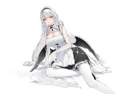 Rule 34 | 1girl, absurdres, arm rest, azur lane, black footwear, black hairband, black wings, blush, breasts, cleavage, cleavage cutout, clothing cutout, elbow gloves, feathered wings, flantia, foot out of frame, full body, gloves, hairband, highres, large breasts, long hair, looking at viewer, low twintails, maid, pantyhose, parted lips, red eyes, scylla (azur lane), shirt, simple background, solo, twintails, white background, white gloves, white pantyhose, white shirt, wings