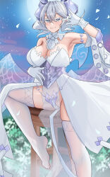 Rule 34 | absurdres, bare shoulders, blush, breasts, cameltoe, colored eyelashes, detached collar, dress, frilled gloves, frills, gloves, grey hair, hair between eyes, highres, horns, kamoe, large breasts, lovely labrynth of the silver castle, medium hair, multiple wings, no shoes, pelvic curtain, pointy ears, shiny skin, short twintails, sitting, skindentation, smile, thighhighs, twintails, white dress, white gloves, wings, yu-gi-oh!