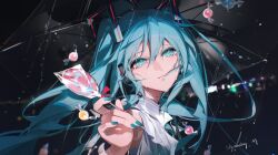 Rule 34 | 1girl, absurdres, blue eyes, blue hair, blue nails, candy, candy wrapper, closed mouth, commentary request, food, hair between eyes, hatsune miku, headphones, highres, holding, holding candy, holding food, holding lollipop, lollipop, long hair, long sleeves, looking at viewer, looking to the side, nail polish, night, nyansky, outdoors, rain, romaji commentary, see-through, see-through sleeves, shirt, signature, smile, solo, transparent, transparent umbrella, twintails, umbrella, upper body, vocaloid, white shirt, wrapped candy