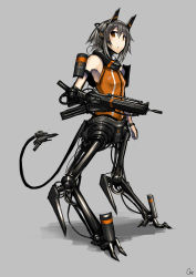 Rule 34 | 1girl, amputee, brown eyes, cyborg, from side, gia, grey background, grey hair, gun, headgear, headphones, highres, looking at viewer, mechanical legs, orange shirt, original, prosthesis, shirt, short hair, simple background, sleeveless, solo, standing, tail, weapon