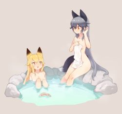 Rule 34 | 10s, 2girls, :3, :o, animal ears, beige background, blonde hair, breasts, brown eyes, collarbone, commentary, completely nude, dot nose, ezo red fox (kemono friends), fox ears, fox tail, gradient hair, grey hair, hair between eyes, hand in own hair, hand up, holding, holding towel, jitome, kemono friends, knees to chest, knees up, long hair, looking at another, looking away, looking up, medium breasts, multicolored hair, multiple girls, nude, onsen, open mouth, orange eyes, outdoors, partially submerged, rock, sideboob, silver fox (kemono friends), simple background, sitting, smile, tail, toe scrunch, toenails, toes, towel, two-tone hair, very long hair, water, white towel, yarerubabaa