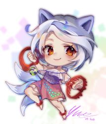 Rule 34 | 1girl, animal ears, barefoot, bear trap, blush, closed mouth, dated, dog ears, dog tail, full body, grey hair, highres, mitsugashira enoko, multicolored hair, multiple tails, orange eyes, pink skirt, purple shirt, shirt, short hair, signature, skirt, smile, solo, tail, touhou, unfinished dream of all living ghost, yinco