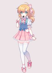 Rule 34 | 1girl, absurdres, blue vest, bow, brown hair, chocolate, closed mouth, commentary request, food in mouth, full body, green eyes, grey background, hair between eyes, hair bow, hand up, highres, long hair, mechuragi, mouth hold, original, pink bow, pink footwear, pink skirt, pleated skirt, ponytail, puffy short sleeves, puffy sleeves, shirt, shoes, short sleeves, simple background, skirt, solo, standing, standing on one leg, thighhighs, vest, white shirt, white thighhighs