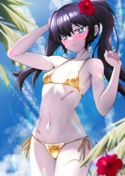 Rule 34 | 1girl, absurdres, bikini, black hair, black rock shooter, black rock shooter (character), blue eyes, blue sky, blurry, blush, bmc, breasts, cloud, commentary request, depth of field, flower, gold bikini, hair flower, hair ornament, hibiscus, highres, long hair, nose blush, pale skin, palm leaf, scar, side-tie bikini bottom, sky, small breasts, solo, swimsuit, twintails