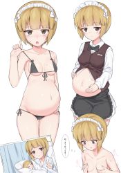 Rule 34 | 1girl, alternate breast size, bed, bikini, black bikini, blonde hair, blunt bangs, blush, breast conscious, breasts, closed mouth, collarbone, cutlass (girls und panzer), exhausted, front-tie bikini top, front-tie top, girls und panzer, hand on own stomach, hand up, highres, hospital bed, hospital gown, jewelry, long sleeves, looking at viewer, looking down, maid headdress, medium breasts, micro bikini, midriff, mother and child, multiple views, navel, nose blush, open mouth, pregnant, pulling own clothes, ring, shiny skin, shirt, short hair, side-tie bikini bottom, side-tie bottom, simple background, smile, standing, stomach, strap pull, sweat, swimsuit, thigh gap, translated, v, wedding band, white background, white shirt, yellow eyes, yoi naosuke