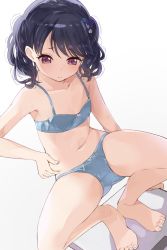 Rule 34 | 1girl, bad id, bad twitter id, bare arms, bare legs, bare shoulders, barefoot, belly grab, black hair, blue bra, blue panties, bow, bow bra, bow panties, bra, commentary request, dutch angle, flat chest, flower, fukumaru koito, hair flower, hair ornament, highres, hiroki (yyqw7151), idolmaster, idolmaster shiny colors, navel, panties, purple eyes, solo, squatting, twintails, underwear, underwear only, weighing scale, weight conscious, white background