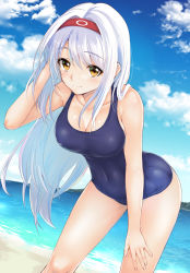 Rule 34 | 10s, 1girl, alternate costume, beach, breasts, collarbone, cowboy shot, day, dutch angle, hairband, hand on leg, hand on own thigh, highres, ipuu (el-ane koubou), kantai collection, large breasts, leaning forward, long hair, looking at viewer, ocean, one-piece swimsuit, outdoors, ruffling hair, shoukaku (kancolle), smile, solo, swimsuit, thighs, water, white hair, yellow eyes