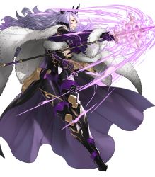 Rule 34 | 1girl, armored boots, boots, breasts, camilla (fire emblem), cape, cleavage, dress, fire emblem, fire emblem fates, fire emblem heroes, full body, fur trim, gloves, grey background, hair over one eye, highres, kozaki yuusuke, large breasts, long hair, nintendo, non-web source, official art, purple hair, red eyes, solo, staff, teeth, tiara, transparent background
