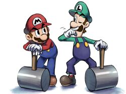 Rule 34 | 2boys, blue overalls, boots, brothers, brown footwear, brown hair, facial hair, full body, gloves, green headwear, green shirt, hammer, hat, highres, looking at another, luigi, male focus, mario, mario &amp; luigi rpg, mario (series), masanori sato (style), multiple boys, mustache, nintendo, one eye closed, overalls, red headwear, red shirt, shirt, short hair, siblings, simple background, white background, white gloves, ya mari 6363