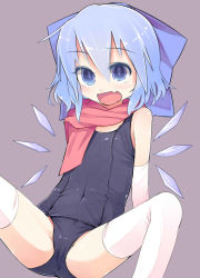 Rule 34 | 1girl, bare shoulders, blue eyes, blue hair, blush, bow, cirno, covered navel, elbow gloves, fang, gloves, hair bow, looking at viewer, matching hair/eyes, one-piece swimsuit, open mouth, scarf, school swimsuit, shamo (koumakantv), short hair, smile, solo, spread legs, swimsuit, thighhighs, touhou, white thighhighs, wings