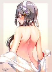 Rule 34 | 1girl, back, black hair, blush, border, breasts, brown eyes, butt crack, commentary request, dated, from behind, hair ornament, hair over breasts, hair over shoulder, hairband, hairclip, haruna (kancolle), headgear, highres, kantai collection, large breasts, long hair, looking at viewer, nape, shoulder blades, sidelocks, signature, simple background, smile, solo, swept bangs, topless, tsukui kachou, undressing