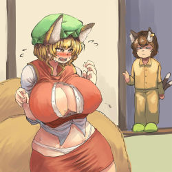 Rule 34 | 2girls, animal ears, blonde hair, blush, breasts, brown eyes, brown hair, bursting breasts, buttons, cat ears, cat tail, caught, chanta (ayatakaoisii), chen, chen (cosplay), cleavage, cosplay, covered erect nipples, curvy, earrings, flying sweatdrops, fox ears, fox tail, hands up, highres, huge breasts, indoors, jewelry, looking at another, multiple girls, multiple tails, nekomata, night clothes, open mouth, panties, plump, red skirt, red vest, room, shirt, short hair, skindentation, skirt, sliding doors, slippers, stomach, sweat, tail, tears, thick thighs, thighs, touhou, two tails, undersized clothes, underwear, vest, walk-in, white panties, white shirt, wide hips, yakumo ran