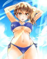 Rule 34 | 10s, 1girl, :o, arms behind head, arms up, bikini, blush, breasts, brown eyes, brown hair, cowboy shot, curvy, day, female focus, geckolion, gradient background, kaga (kancolle), kantai collection, large breasts, lens flare, light rays, long hair, looking at viewer, navel, open mouth, side-tie bikini bottom, side ponytail, sky, solo, standing, swimsuit, underboob, wide hips