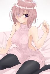 Rule 34 | 1girl, alternate costume, aran sweater, backless dress, backless outfit, black pantyhose, blush, breasts, cable knit, closed mouth, drawstring, dress, eyes visible through hair, fate/grand order, fate (series), halterneck, highres, holding, light purple hair, looking at viewer, mash kyrielight, medium breasts, meme attire, naked sweater, pantyhose, pink hair, purple eyes, ribbed sweater, short hair, shunichi, sitting, smile, solo, sweater, sweater dress, thighs, tsurime, turtleneck, turtleneck sweater, virgin killer sweater