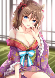Rule 34 | 1girl, animal ears, bare shoulders, blue bow, blue eyes, boar ears, bow, breasts, brown hair, cleavage, collarbone, commentary request, floral print, food, frilled sleeves, frills, hair ornament, hair ribbon, head tilt, highres, holding, holding food, ikura nagisa, indoors, japanese clothes, kimono, kimono pull, long sleeves, looking at viewer, medium breasts, nail polish, obi, off shoulder, on floor, open mouth, original, panties, pink nails, print kimono, purple kimono, red ribbon, ribbon, saliva, saliva trail, sash, short hair, sitting, solo, tatami, tongue, tongue out, underwear, white panties, wide sleeves, x hair ornament