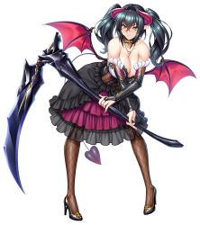 Rule 34 | 1girl, annerose vajra, black hair, breasts, cleavage, demon girl, demon horns, demon tail, demon wings, dress, full body, high heels, highres, horns, kagami hirotaka, koutetsu no majo annerose, koutetsu no majo anneroze, large breasts, lilith-soft, long hair, official art, pantyhose, pointy ears, scythe, simple background, solo, tail, taimanin (series), taimanin rpgx, twintails, weapon, wings, yellow eyes