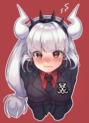 Rule 34 | 1girl, absurdres, black hairband, black jacket, black necktie, blunt bangs, blush, breasts, closed mouth, collared shirt, cropped torso, demon girl, demon horns, emblem, hairband, heart, heart-shaped pupils, helltaker, highres, horns, jacket, large breasts, long hair, long sleeves, low-tied long hair, lucifer (helltaker), may.l, necktie, nose blush, outline, red background, red eyes, red shirt, shirt, silver hair, solo, spiked hairband, spikes, symbol-shaped pupils, tearing up, tears, upper body, v-shaped eyebrows, very long hair, wavy mouth, white outline, wing collar