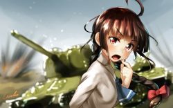Rule 34 | 1girl, ahoge, ascot, blunt bangs, blurry, blurry background, bow, braid, brown eyes, brown hair, collared shirt, commentary request, explosion, hair bow, hand to own mouth, headset, long hair, long sleeves, looking at viewer, matching hair/eyes, military, military vehicle, motor vehicle, open mouth, rika (touhou), shirt, solo, t-34, t-34-85, tank, touhou, touhou (pc-98), twin braids, upper body, welt (kinsei koutenkyoku), white shirt