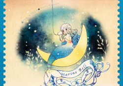Rule 34 | 1girl, border, completely nude, crescent moon, cup, english text, flat chest, hair ornament, kuzira kirara, mermaid, monster girl, moon, no nose, nude, on crescent, pixiv fantasia, pixiv fantasia 5, scales, seashell, shell, sitting, solo, star (symbol), string, wavy hair, wide hips