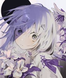 Rule 34 | 1girl, black background, circlet, closed mouth, commentary request, corset piercing, flower, grey eyes, hair ornament, hairclip, long hair, looking at viewer, neck piercing, original, purple ribbon, ribbon, solo, toasu, upper body, white background, white flower, white hair