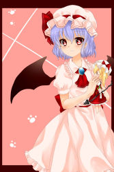 Rule 34 | 1girl, ascot, bad id, bad pixiv id, barefoot, bat wings, blonde hair, blouse, blue hair, blush, blush stickers, bow, brooch, character doll, collared shirt, dress, flandre scarlet, framed, frilled dress, frilled shirt, frilled skirt, frills, hat, hat bow, highres, holding, hugging doll, hugging object, jewelry, koyashaka, laevatein, large bow, looking at viewer, mob cap, o o, outside border, paw print, pink background, pink dress, pink shirt, pink skirt, red dress, red eyes, red shirt, red skirt, remilia scarlet, shirt, short sleeves, skirt, skirt set, solo, standing, touhou, wings
