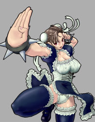 Rule 34 | 1girl, alternate costume, bracelet, breasts, brown hair, bun cover, capcom, chun-li, cleavage, covered erect nipples, double bun, enmaided, foreshortening, frills, hair bun, inu no yodare, jewelry, large breasts, maid, panties, pelvic curtain, red eyes, short hair, solo, spiked bracelet, spikes, street fighter, street fighter iv (series), thighhighs, too many, underwear, white panties