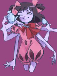 Rule 34 | 1girl, bow, bug, colored skin, extra arms, extra eyes, fangs, arthropod girl, monster girl, muffet, purple skin, ribbon, solo, spider, spider girl, tea, teapot, twintails, undertale