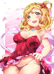 Rule 34 | 10s, 1girl, bare shoulders, blonde hair, blush, braid, breasts, cleavage, clothes lift, crown braid, dress, dress lift, floral print, flower, hair flower, hair ornament, hair rings, highres, jewelry, joptr06, large breasts, legs together, lips, long hair, looking at viewer, love live!, love live! school idol festival, love live! sunshine!!, necklace, ohara mari, open mouth, panties, petals, purple panties, red dress, shiny clothes, shiny skin, smile, solo, strapless, sweat, underwear, yellow eyes