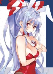 Rule 34 | 1girl, alternate costume, animal ears, bare arms, bare shoulders, blurry, blush, bow, bowtie, breasts, brown pantyhose, cleavage, clenched teeth, commentary request, detached collar, eyes visible through hair, fake animal ears, fake tail, fujiwara no mokou, hair bow, hand up, highres, leotard, long hair, looking at viewer, medium breasts, mirei, pantyhose, playboy bunny, polka dot, polka dot background, ponytail, rabbit ears, rabbit tail, red bow, red bowtie, red eyes, sidelocks, silver hair, solo, tail, teeth, touhou, upper body, v-shaped eyebrows, very long hair, white background, white bow, wrist cuffs