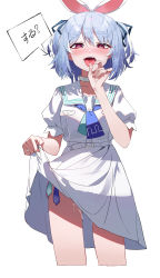Rule 34 | 1girl, absurdres, blue hair, blue neckerchief, blue ribbon, choker, condom, cum, cum on legs, dress, fellatio gesture, hair ribbon, highres, hololive, korogoro (mago0057), looking at viewer, multicolored hair, neckerchief, open mouth, rabbit-shaped pupils, red eyes, ribbon, sailor collar, short hair, short sleeves, simple background, skirt hold, solo, speech bubble, streaked hair, symbol-shaped pupils, thick eyebrows, tongue, tongue out, two side up, usada pekora, usada pekora (casual), used condom, virtual youtuber, white background, white choker, white dress, white hair, white sailor collar