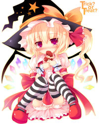 Rule 34 | 1girl, ai takurou, blonde hair, bloomers, blush, bow, broken heart, embodiment of scarlet devil, female focus, flandre scarlet, hair bow, halloween, hat, heart, mouth hold, panties, pantyshot, purple eyes, short hair, side ponytail, sitting, solo, striped clothes, striped thighhighs, thighhighs, touhou, trick or treat, underwear, white background, wings, witch hat, wrist cuffs