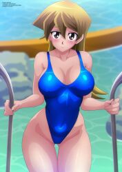 Rule 34 | 1girl, absurdres, bare legs, blonde hair, blue one-piece swimsuit, blush, breasts, brown eyes, cleavage, collarbone, competition swimsuit, covered erect nipples, covered navel, curvy, highleg, highleg swimsuit, highres, large breasts, long hair, looking at viewer, one-piece swimsuit, pool, shiny clothes, shiny skin, smile, standing, swimsuit, tenjouin asuka, water, wide hips, yu-gi-oh!, yu-gi-oh! gx, zel-sama