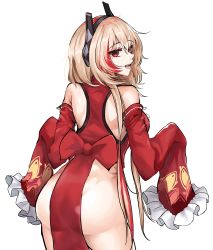 Rule 34 | 1girl, absurdres, alternate costume, ass, blonde hair, china dress, chinese clothes, commentary request, cosplay, detached sleeves, dress, frilled sleeves, frills, from behind, girls&#039; frontline, headgear, highres, korean commentary, long hair, looking at viewer, looking back, loveu, m4 sopmod ii (girls&#039; frontline), multicolored hair, open mouth, pelvic curtain, red dress, red eyes, red hair, sharp teeth, sidelocks, simple background, sleeves past fingers, sleeves past wrists, solo, streaked hair, teeth, type 97 (peony) (girls&#039; frontline) (cosplay), very long sleeves, white background