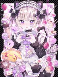 Rule 34 | 1boy, alternate costume, animal ears, apron, bandaid, bandaid on cheek, bandaid on face, battery indicator, black border, black bow, black collar, black dress, black nails, black pants, black tail, blonde hair, blunt bangs, border, bow, cake, candy, cat boy, cat ears, cat tail, character name, checkerboard cookie, checkered background, checkered border, chibi, chibi inset, chocolate, coffee mug, collar, cookie, crossed bandaids, cup, doughnut, dress, ear piercing, expressionless, fake animal ears, food, fruit, hair ornament, hairband, hairclip, hand on own chest, heart, heart hair ornament, heart hands, heart tail, highres, hiro 0607, ice cream, ice cream cone, ice cream sandwich, inset border, lolita fashion, lollipop, low ponytail, macaron, maid, maid apron, maid headdress, male focus, mars symbol, mug, notebook, omelet, omurice, original, pants, parfait, piercing, pink background, pon de ring, pudding, purple bow, purple eyes, purple sweater, sidelocks, solo, sparkle, speech bubble, spoken heart, strawberry, sweater, sweets, tail, trap, twintails, upper body, white background, white hair