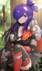 Rule 34 | 1girl, armor, black choker, black dress, black thighhighs, breasts, choker, cleavage, collarbone, dress, feet out of frame, fire emblem, fire emblem: three houses, fire emblem warriors: three hopes, gonzarez, hair over one eye, half updo, highres, knee pads, large breasts, long hair, looking at viewer, lying, nintendo, outdoors, pauldrons, planted, planted sword, planted weapon, purple eyes, purple hair, shez (female) (fire emblem), shez (fire emblem), shoulder armor, sitting, solo, sword, thighhighs, tree, weapon