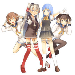 Rule 34 | 10s, 4girls, absurdres, amatsukaze (kancolle), anchor, black hair, black socks, blouse, blue eyes, blue hair, blush, brown dress, brown eyes, brown footwear, brown hair, buttons, chain, choker, double v, dress, garter straps, gloves, gradient hair, hair tubes, hairband, hand on own hip, hat, hatsukaze (kancolle), headgear, high heels, highres, kantai collection, kneehighs, lifebuoy, loafers, long hair, long sleeves, looking at viewer, multicolored hair, multiple girls, neckerchief, open mouth, outstretched arm, pantyhose, red footwear, red legwear, ribbon, rudder footwear, sailor collar, sailor dress, school uniform, serafuku, shirt, shoes, short dress, short hair, short hair with long locks, short sleeves, silver hair, single glove, skirt, smile, socks, striped clothes, striped legwear, striped thighhighs, swim ring, teeth, thighband pantyhose, thighhighs, tokitsukaze (kancolle), two side up, v, vest, white gloves, white legwear, white shirt, yukikaze (kancolle), zuho (vega)