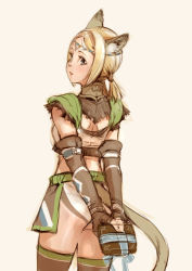 Rule 34 | 00s, 1girl, animal ears, arms behind back, ass, bad id, bad pixiv id, branch (blackrabbits), final fantasy, final fantasy xi, gift, holding, holding gift, looking back, mithra (ff11), short hair, solo, tail, thighhighs